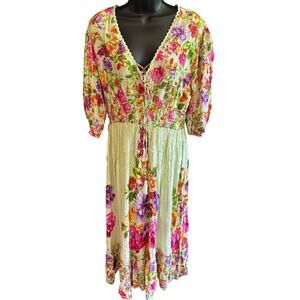 0278 NWT Anthropologie 1XL Me 2 Magic Maxi Dress Lime Green Floral Boho